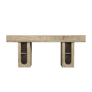 English Elm 63 Inch Farmhouse Console Table with Built in Outlet U Shelf Storage and Sturdy MDF Top Natural B2764P518735