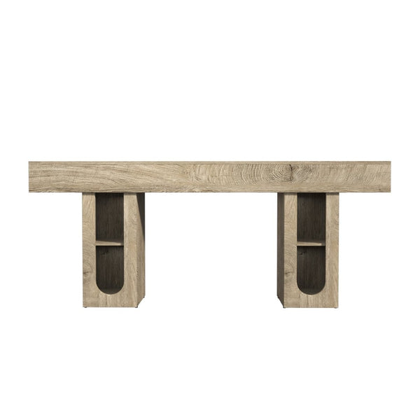 English Elm 63 Inch Farmhouse Console Table with Built in Outlet U Shelf Storage and Sturdy MDF Top Natural B2764P518735