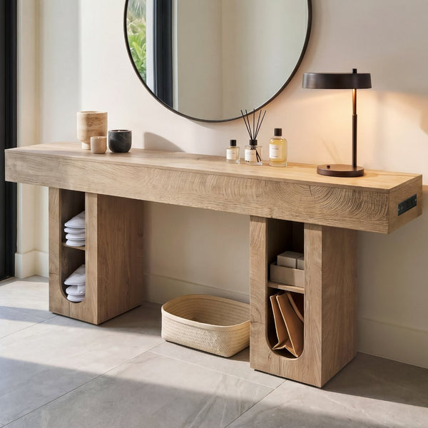 English Elm 71 Inch Farmhouse Console Table with Built-in Outlet Open Storage Shelves Entryway Living Room Natural B2764P518736