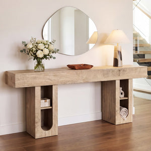 English Elm 71 Inch Farmhouse Console Table with Built-in Outlet Open Storage Shelves Entryway Living Room Natural B2764P518736