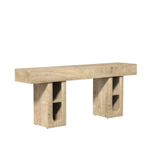 English Elm 71 Inch Farmhouse Console Table with Built-in Outlet Open Storage Shelves Entryway Living Room Natural B2764P518736
