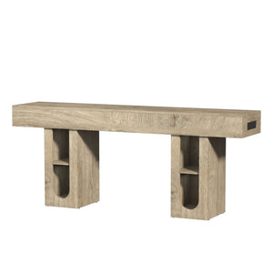 English Elm 71 Inch Farmhouse Console Table with Built-in Outlet Open Storage Shelves Entryway Living Room Natural B2764P518736