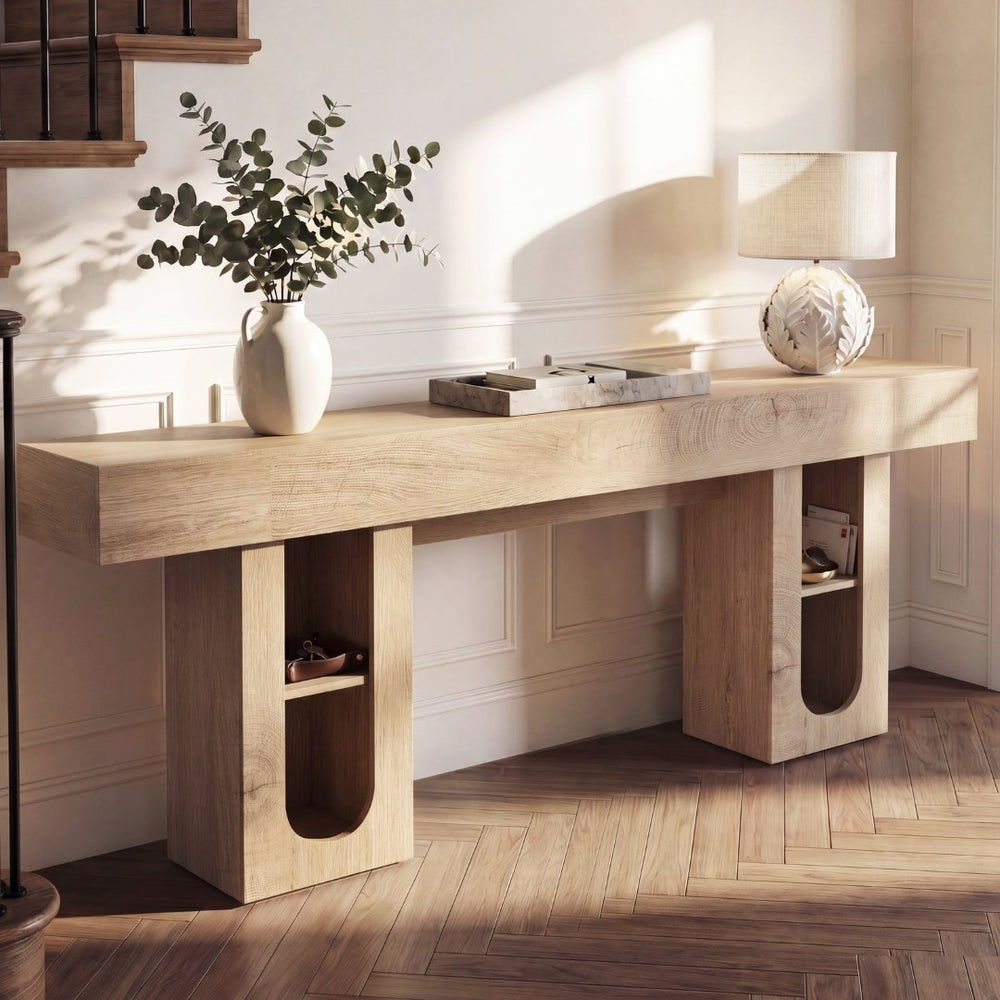 English Elm 79 Inch Farmhouse Console Table with Built-in Power Outlet and Adjustable Open Shelving Natural B2764P518737