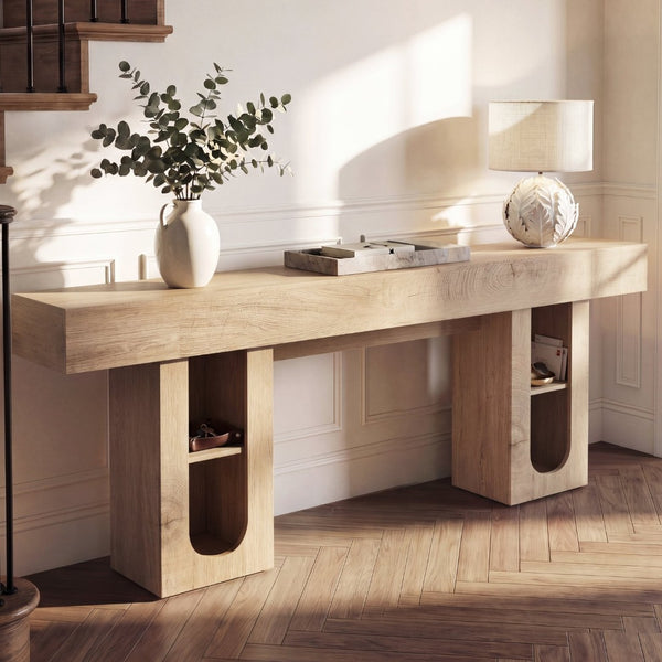 English Elm 79 Inch Farmhouse Console Table with Built-in Power Outlet and Adjustable Open Shelving Natural B2764P518737