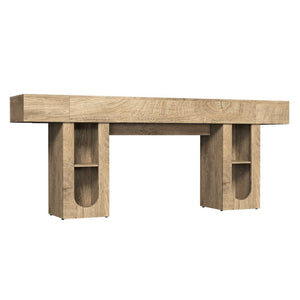 English Elm 79 Inch Farmhouse Console Table with Built-in Power Outlet and Adjustable Open Shelving Natural B2764P518737