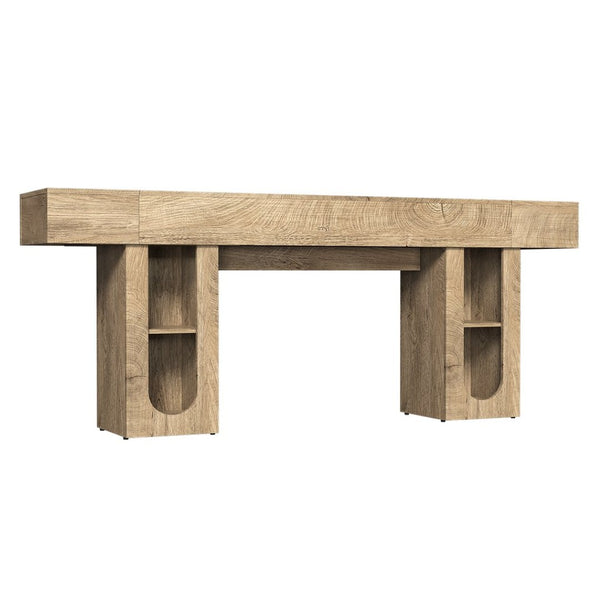 English Elm 79 Inch Farmhouse Console Table with Built-in Power Outlet and Adjustable Open Shelving Natural B2764P518737