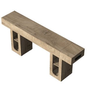 English Elm 79 Inch Farmhouse Console Table with Built-in Power Outlet and Adjustable Open Shelving Natural B2764P518737