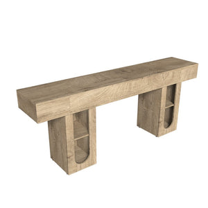 English Elm 79 Inch Farmhouse Console Table with Built-in Power Outlet and Adjustable Open Shelving Natural B2764P518737