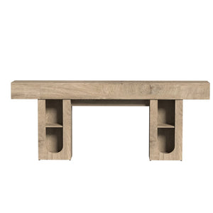 English Elm 79 Inch Farmhouse Console Table with Built-in Power Outlet and Adjustable Open Shelving Natural B2764P518737