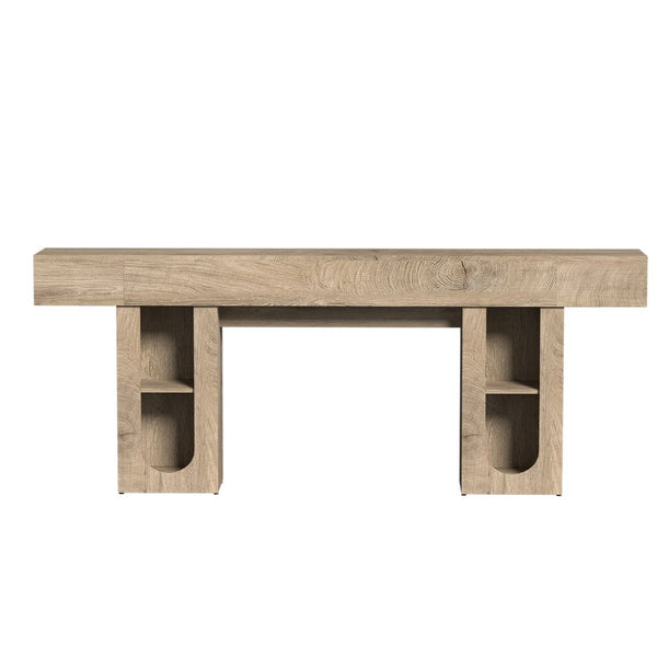 English Elm 79 Inch Farmhouse Console Table with Built-in Power Outlet and Adjustable Open Shelving Natural B2764P518737