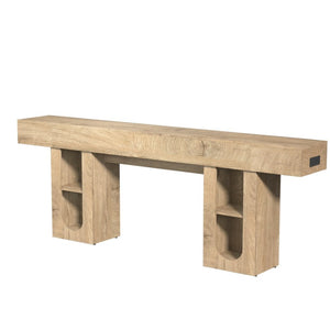 English Elm 79 Inch Farmhouse Console Table with Built-in Power Outlet and Adjustable Open Shelving Natural B2764P518737