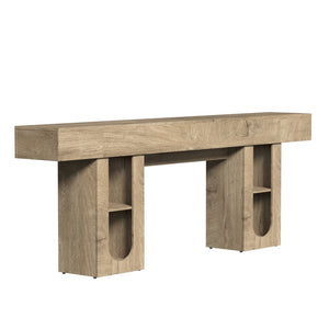 English Elm 79 Inch Farmhouse Console Table with Built-in Power Outlet and Adjustable Open Shelving Natural B2764P518737