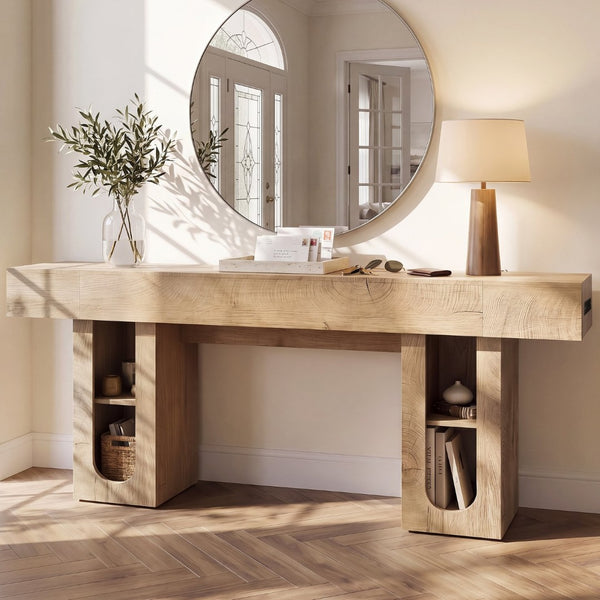 English Elm 79 Inch Farmhouse Console Table with Built-in Power Outlet and Adjustable Open Shelving Natural B2764P518737