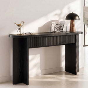 English Elm Omchom 55 Inch Fluted Console Table with Drawers Mid Century Entryway Sofa Black B2764P518738