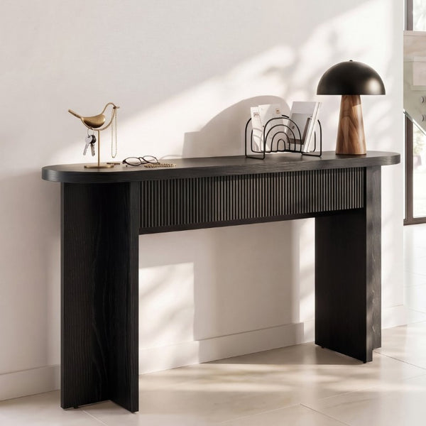 English Elm Omchom 55 Inch Fluted Console Table with Drawers Mid Century Entryway Sofa Black B2764P518738