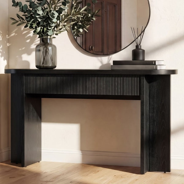 English Elm Omchom 55 Inch Fluted Console Table with Drawers Mid Century Entryway Sofa Black B2764P518738
