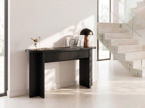 English Elm Omchom 55 Inch Fluted Console Table with Drawers Mid Century Entryway Sofa Black B2764P518738
