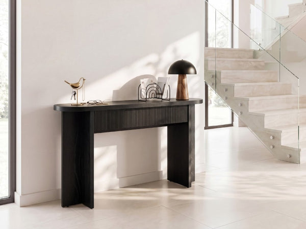 English Elm Omchom 55 Inch Fluted Console Table with Drawers Mid Century Entryway Sofa Black B2764P518738