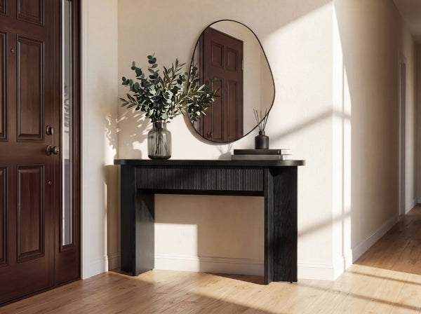 English Elm Omchom 55 Inch Fluted Console Table with Drawers Mid Century Entryway Sofa Black B2764P518738