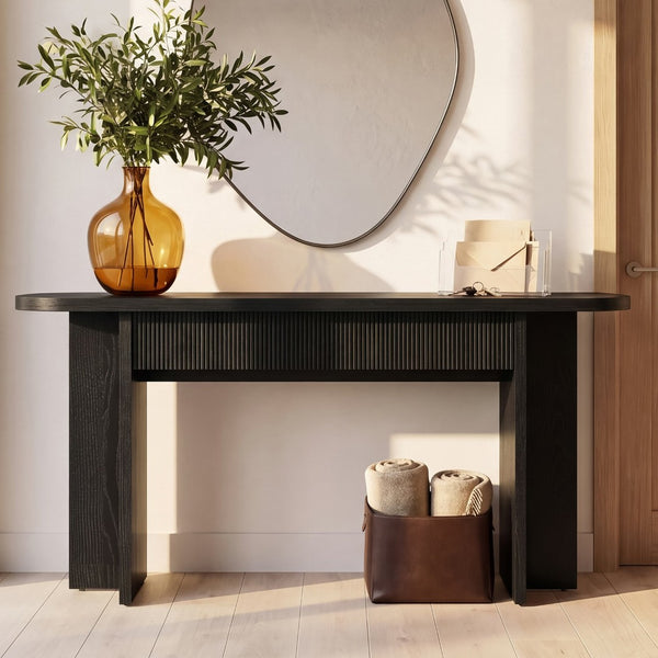 English Elm Omchom Fluted Console Table with Two Drawers Mid Century Entryway Sofa Accent Black B2764P518739