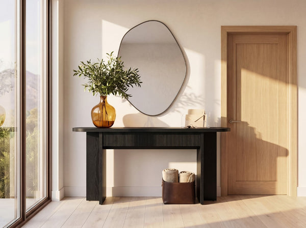 English Elm Omchom Fluted Console Table with Two Drawers Mid Century Entryway Sofa Accent Black B2764P518739