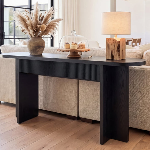 English Elm Omchom Fluted Console Table with Two Drawers Mid Century Entryway Sofa Accent Black B2764P518739