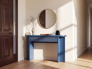 English Elm Omchom 55 Inch Fluted Console Table with Drawers Mid Century Entryway Sofa Blue B2764P518740