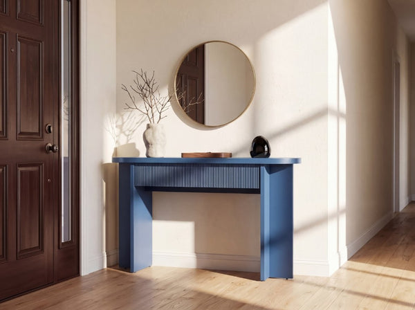 English Elm Omchom 55 Inch Fluted Console Table with Drawers Mid Century Entryway Sofa Blue B2764P518740