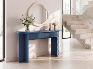 English Elm Omchom 55 Inch Fluted Console Table with Drawers Mid Century Entryway Sofa Blue B2764P518740