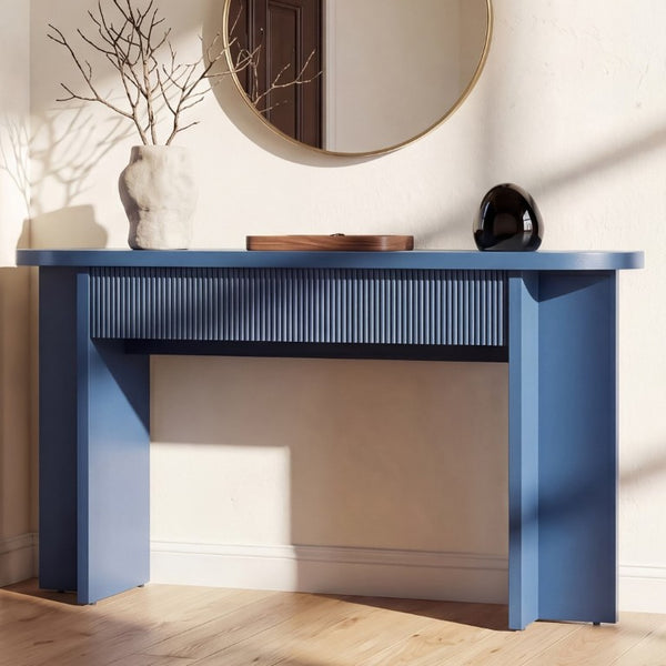 English Elm Omchom 55 Inch Fluted Console Table with Drawers Mid Century Entryway Sofa Blue B2764P518740