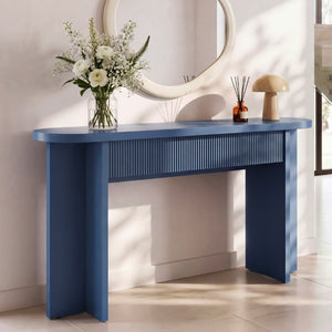 English Elm Omchom 55 Inch Fluted Console Table with Drawers Mid Century Entryway Sofa Blue B2764P518740
