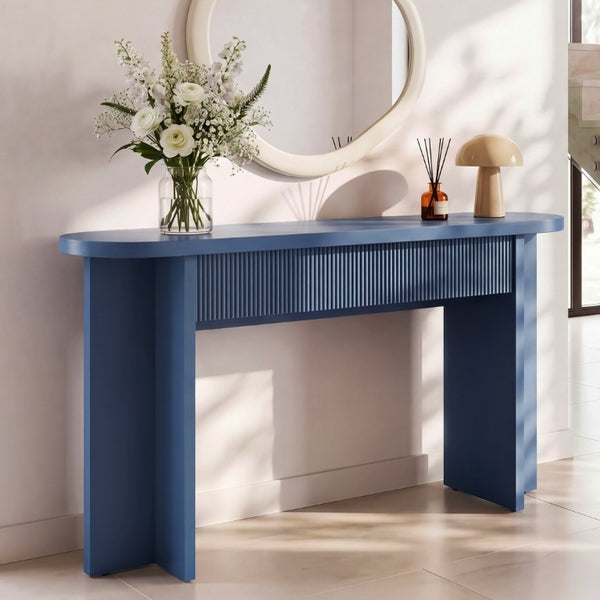 English Elm Omchom 55 Inch Fluted Console Table with Drawers Mid Century Entryway Sofa Blue B2764P518740