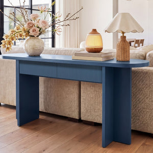 English Elm Omchom Fluted Console Table with Two Drawers Mid Century Entryway Sofa Accent Blue B2764P518741