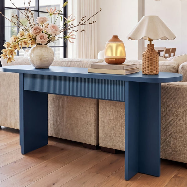English Elm Omchom Fluted Console Table with Two Drawers Mid Century Entryway Sofa Accent Blue B2764P518741