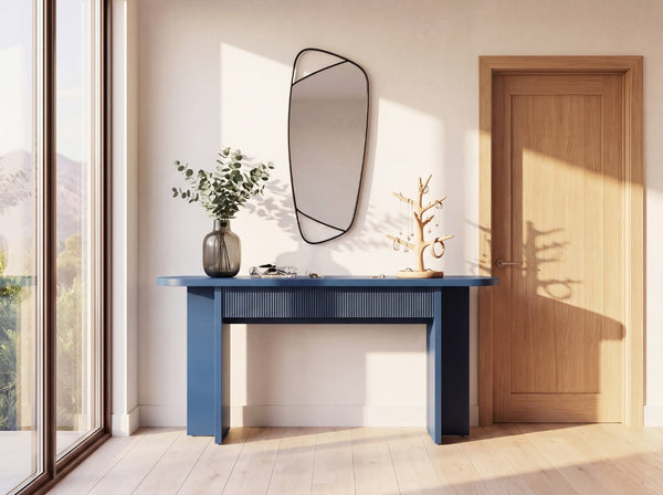 English Elm Omchom Fluted Console Table with Two Drawers Mid Century Entryway Sofa Accent Blue B2764P518741