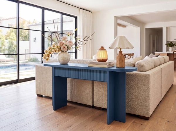 English Elm Omchom Fluted Console Table with Two Drawers Mid Century Entryway Sofa Accent Blue B2764P518741