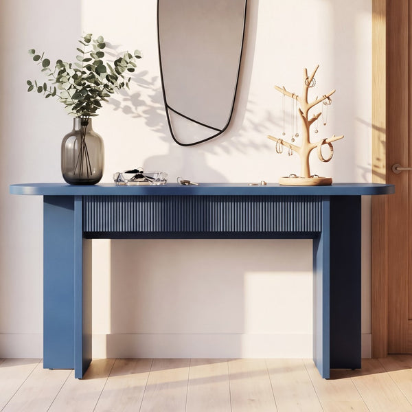 English Elm Omchom Fluted Console Table with Two Drawers Mid Century Entryway Sofa Accent Blue B2764P518741