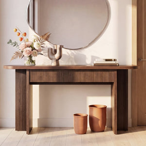English Elm Omchom Fluted Console Table with Two Drawers Mid Century Entryway Sofa Accent Brown B2764P518743