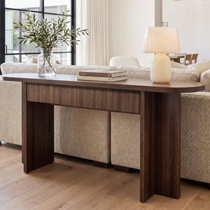 English Elm Omchom Fluted Console Table with Two Drawers Mid Century Entryway Sofa Accent Brown B2764P518743