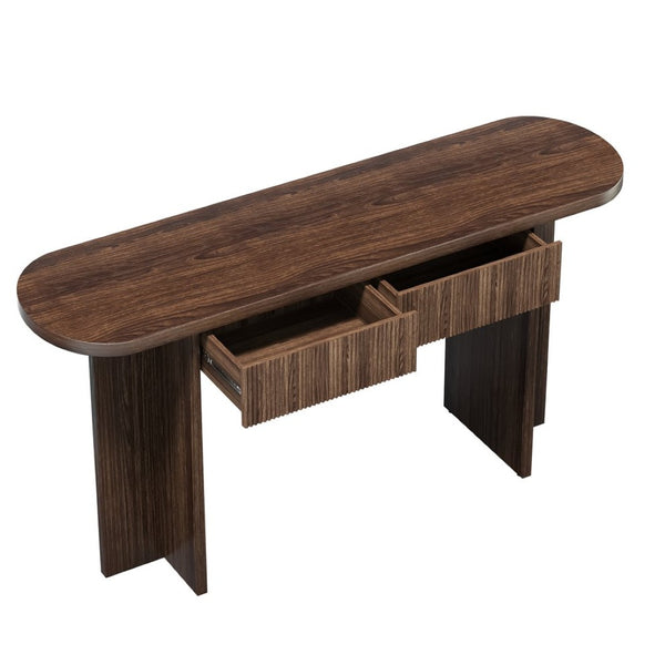 English Elm Omchom Fluted Console Table with Two Drawers Mid Century Entryway Sofa Accent Brown B2764P518743