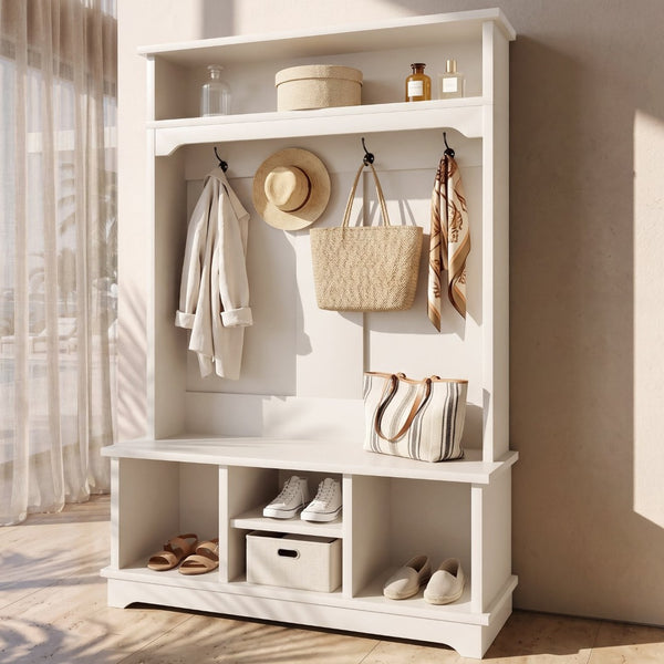 English Elm Omchom Hall Tree Bench with Shoe Cubbies Hooks Engineered Wood Entryway Organizer White B2764P518744