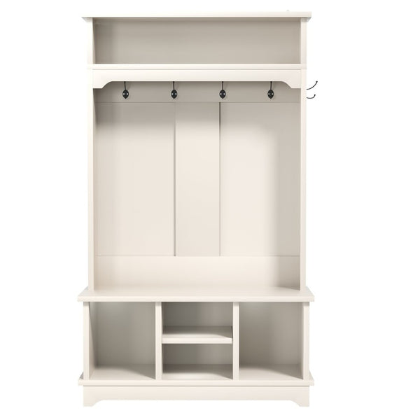 English Elm Omchom Hall Tree Bench with Shoe Cubbies Hooks Engineered Wood Entryway Organizer White B2764P518744
