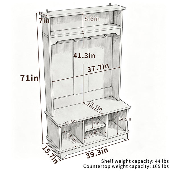 English Elm Omchom Hall Tree Bench with Shoe Cubbies Hooks Engineered Wood Entryway Organizer White B2764P518744