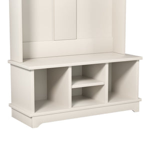 English Elm Omchom Hall Tree Bench with Shoe Cubbies Hooks Engineered Wood Entryway Organizer White B2764P518744
