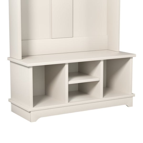 English Elm Omchom Hall Tree Bench with Shoe Cubbies Hooks Engineered Wood Entryway Organizer White B2764P518744