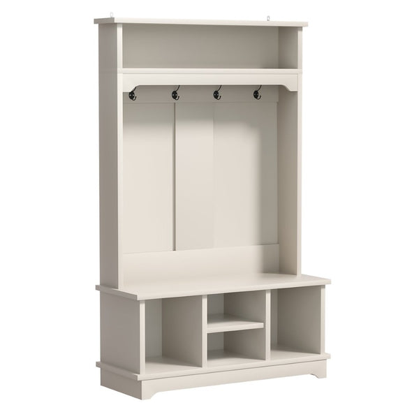 English Elm Omchom Hall Tree Bench with Shoe Cubbies Hooks Engineered Wood Entryway Organizer White B2764P518744