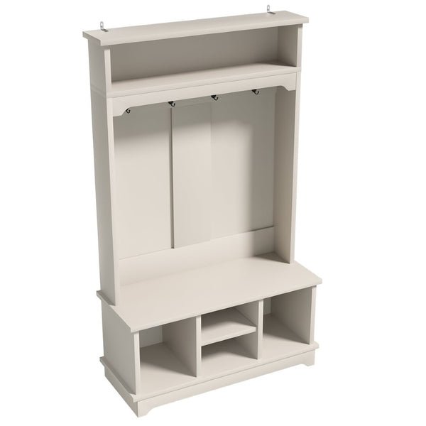 English Elm Omchom Hall Tree Bench with Shoe Cubbies Hooks Engineered Wood Entryway Organizer White B2764P518744