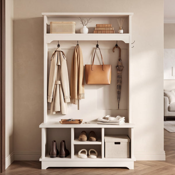English Elm Omchom Hall Tree Bench with Shoe Cubbies Hooks Engineered Wood Entryway Organizer White B2764P518744