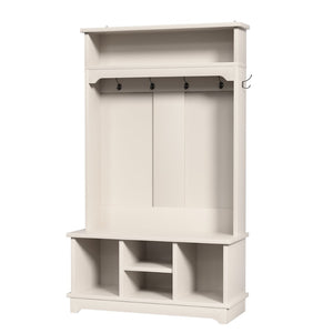 English Elm Omchom Hall Tree Bench with Shoe Cubbies Hooks Engineered Wood Entryway Organizer White B2764P518744