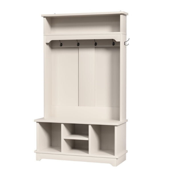 English Elm Omchom Hall Tree Bench with Shoe Cubbies Hooks Engineered Wood Entryway Organizer White B2764P518744